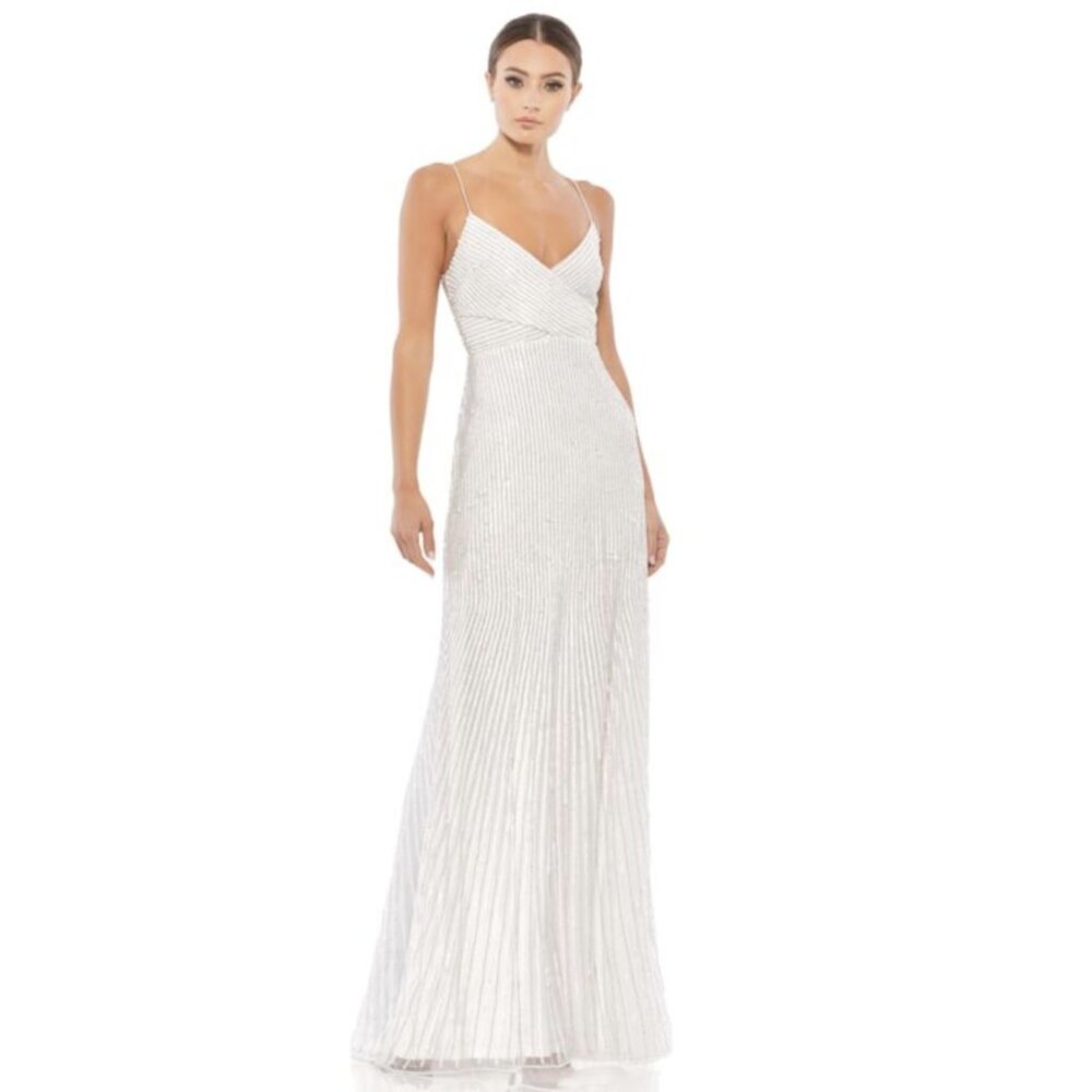 NWT $498 MAC DUGGAL SEQUIN SPAGHETTI STRAP DRESS WHITE SILVER 10817 PEARL 12